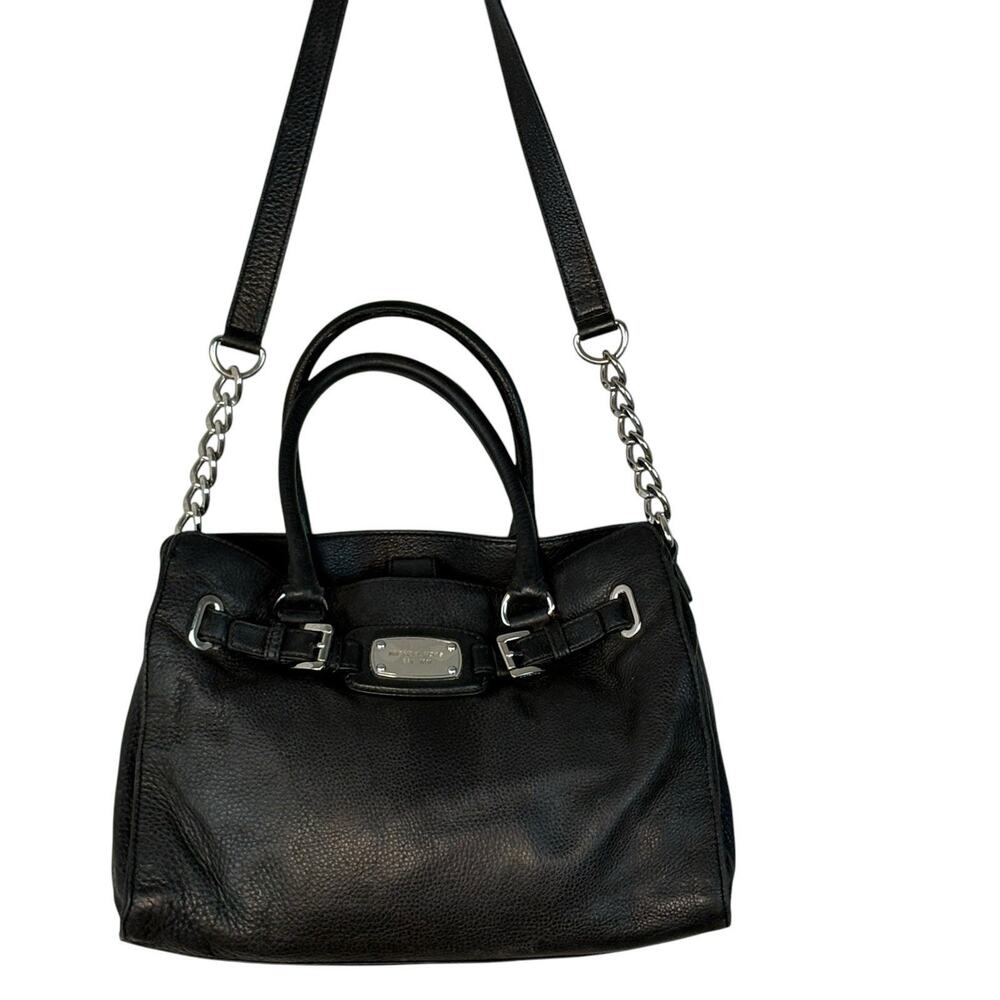 MICHAEL KORS Leather Satchel Shoulder Tote Bag Hamilton East West Pebbled Black